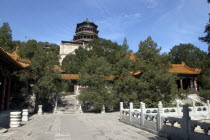 View from a courtyard toward the circular hilltop building