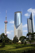 Modern city architecture seen from formal gardens