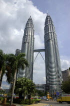 Angled view looking up at the Petronas Twin Towers