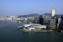 Aerial view over the New Convention Centre on the waterfront and cityscape behind