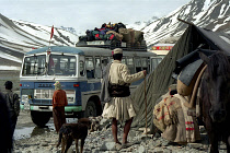 Bus at a camp stop on the road from Leh to Manali which is the second highest motorable road in the World reaching an elevation of 5328m at Taglang La