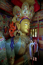 Elaborately decorated golden Maitreya or Future Buddha statue at Tikse Gompa