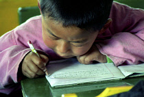 Young Tibetan refugee boy in class