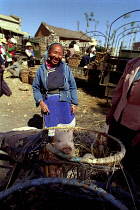 Smiling women with piglet in a side basket of her bicycle at the market