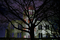 View of the A Bomb Dome illuminated at night seen through silhouetted tree