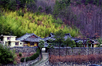 View of hillside village houses backed by tree covered slopes
