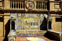 Plaza de Espana. One of the tiled seats that line the semicircular plaza with the word Barcelona on