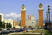 Placa d Espanya. View of the two 154ft high brick campaniles by Ramon Raventos.