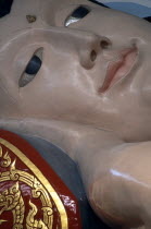 Wat Chayamangkalaram.  Interior.  Detail of face of  thirty-two metre long reclining Buddha.