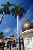 Kapitan Kling Mosque  built by the first Indian Muslim settlers in Penang c.1800.  Part view of exterior framed by palm trees.