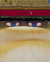 Bodnath Temple detail of roof and eyes