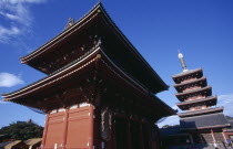 Asakusa. Senso Ji Temple. Angled view of the Five Storey Pagoda and another temple building
