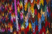 Peace Memorial Park. Mass of multi coloured origami cranes at the Childrens Peace Monument