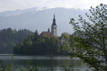 View over the lake toward Bled Island and tower of the Church of the Assumption