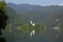 View over the lake toward Bled Island and tower of the Church of the Assumption