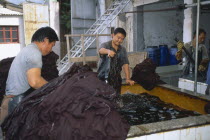 Weishan. Batik factory with men dipping cloths in vats of dye.