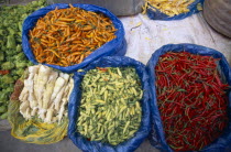 Covered food market with displays of fresh chillies.