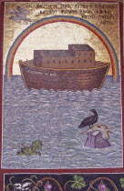 Detail of brightly coloured mosaics depicting the flood and Noahs ark beneath a rainbow.