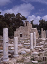 Twelth century Byzantine church.  Part restored exterior in area of fallen masonry and ruined remains of standing columns.