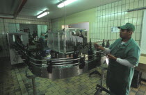 Worker putting top seals on wine bottles at Fairview wine estate