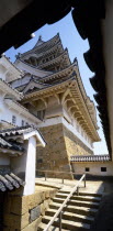 Himeji Castle also known as Shirasagi jo meaning the White Egret Castle. Angled view of the five storey Main Tower