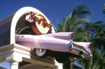 Hard Rock Cafe sign with pink cadillac feature