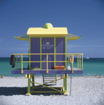 Brightly coloured Art Deco style Life Guards hut on Miami Beach