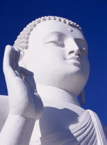 Large white seated Buddha.  Angled detail of head and raised hand.