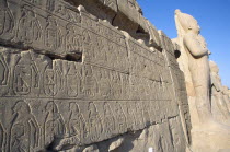 Precinct of Amun.  Detail of relief carving and hieroglyphics along wall of building leading to colossi.