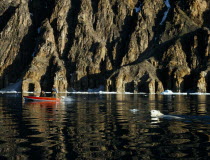 Inuit men in a boat watch a polar bear swimming by the rocky coastline