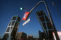 Paseo de La Castellana. Puerta de Europa office complex at entrance to business district.  Two modern towers partly framed by entrance to Plaza Castilla metro station.Worlds first leaning high rise b...