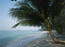 Lonley Beach  Aow Bai Lan. View along the sandy bay with over hanging tree and small islands in the distance.