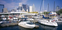 Harbourfront Park.  View over moored boats towards city skyline behind.