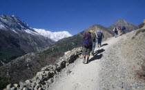 Group of trekkers carrying rucksacks walking up steep mountain path  seen from behind.
