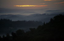 Sunrise through mist over wooded hillside.European Italia Italian Southern Europe Scenic Toscana Tuscan