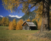 Wooden barn surrounded by trees in autumn colours with mountains beyond.