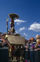 Emperor Pachacuti being carried in a golden throne at Inti Raymi. Cuzco
