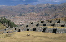 Looking down on visitors walking between the Inca walls and Cusco in the distance.  Cuzco