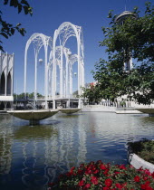 Pacific Science Centre lake with fountains and white metal arches