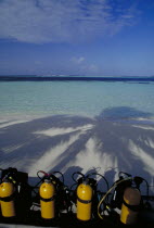 View out to sea with scuba diving tanks on the beach in the shadow of coconut palm trees