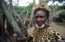 Old Zulu man wearing leopard skin.
