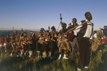 Procession of brides family at Zulu wedding in colourful dress carrying sticks and dancing