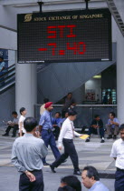 City  financial centre  OUB Plaza City workers infront of Straits Times Index Singapore Stock Exchange on board
