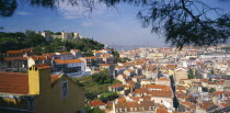 Panoramic city view with St. Georges Castle  River Tagus and 25th April Bridge behind