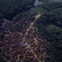 Aerial view of village central mosque wetlands & secondary jungle. Radial development of town