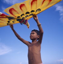 Young boy holds up a yellow eagle shaped kite