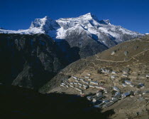Sherpa capital with Himalayan mountain peaks beyond.