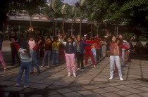 School children exercising outdoors