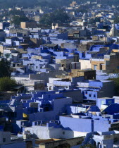 Aerial over Brahmin houses painted traditional blue colour