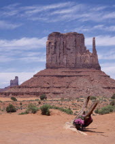 Mittens desert rock formation. Large isolated block with scree slopes scrub and dead tree trunk with Navajo Indian blanket